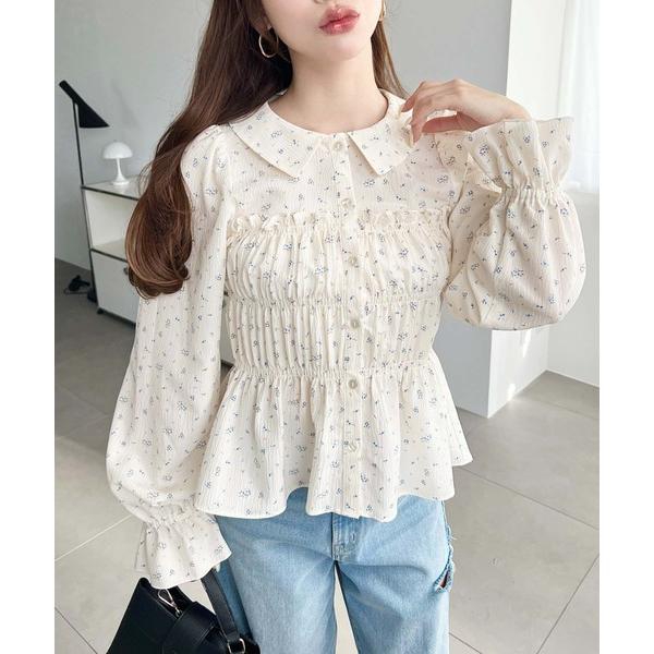 ブラウス シャツ キャンディスリーブ長袖シャーリング花柄ブラウス レディース