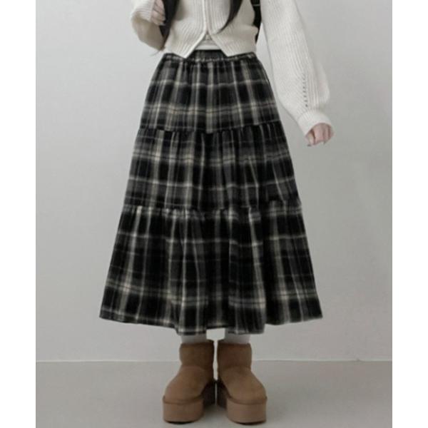 スカート チェック柄 ティアードロングスカート