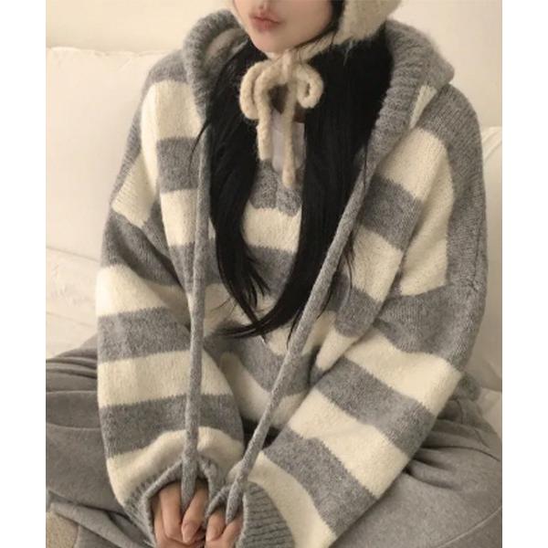 ニット セーター ボーダー柄 ルーズフィット ニットパーカー レディース