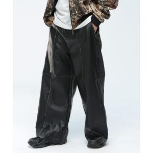 パンツ JUNGLE STORM (ジャングルストーム) ヴィンテージ加工 合成皮革 ワイドパンツ ブラックパンツ メンズ レディース