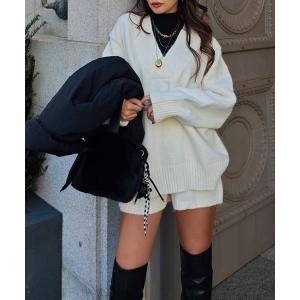 セットアップ Vネックニットショーツセットアップ レディース
