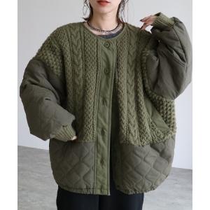 ブルゾン アウター ケーブルニット×キルティングボリュームブルゾン レディース