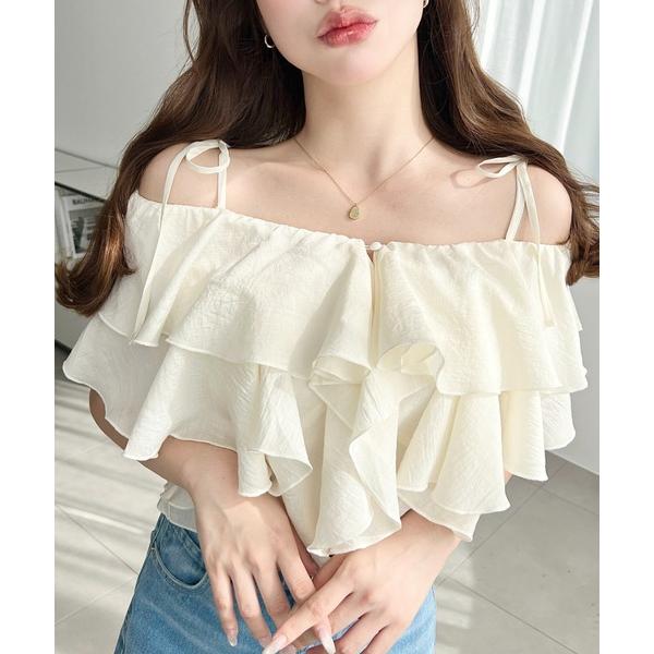 ブラウス シャツ RNスラブリボンストラップオフショルダーフリルブラウス レディース