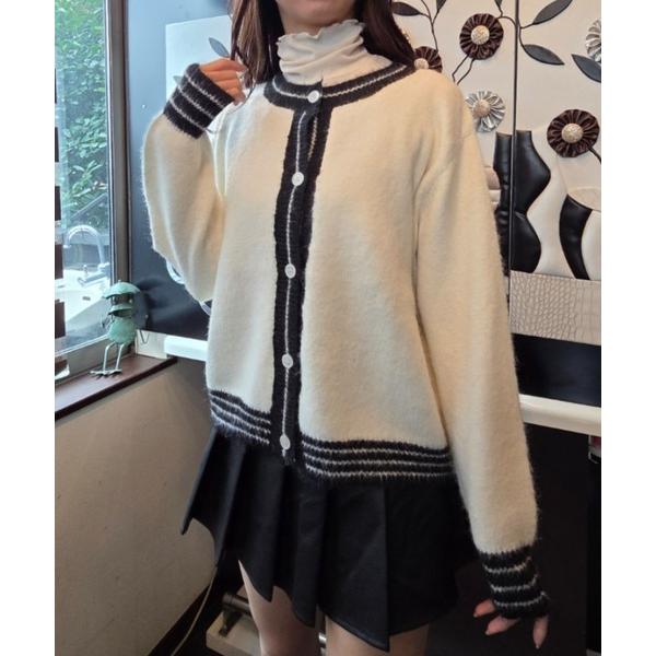 カーディガン 袖口、裾ライン入りデザインニットカーディガン レディース