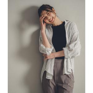 「GLOBAL WORK」 長袖シャツ MEDIUM ホワイト×ネイビー レディース