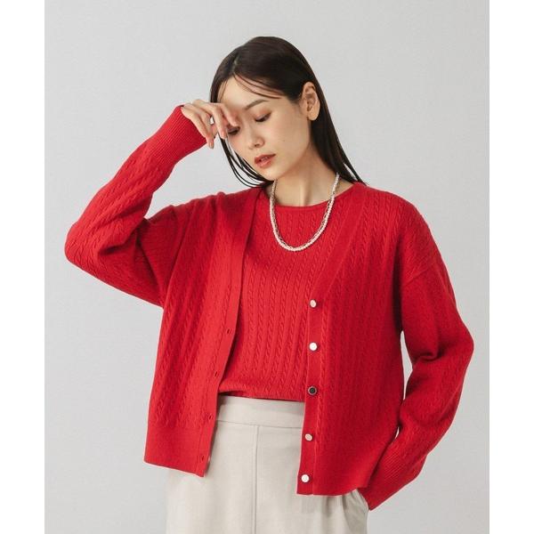カーディガン 洗えるケーブルVネックカーディガン/608428 レディース
