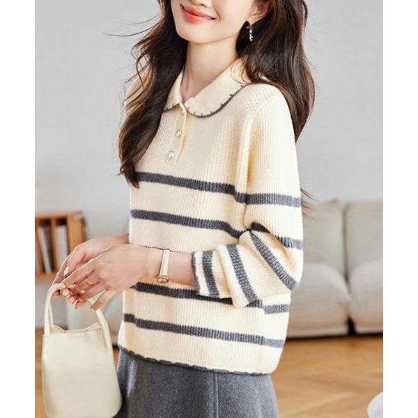 ニット セーター スカラップ襟ボーダーニットトップス レディース