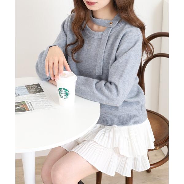 ニット セーター ハート釦変形ボウタイトップス レディース