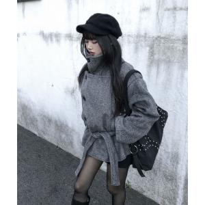 ピーコート pコート スタンドカラーダブルブレストメルトンコート レディース