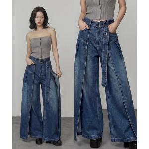 ジーンズ デニム デニムパンツ サイドカバーラップワイドデニムパンツ レディース