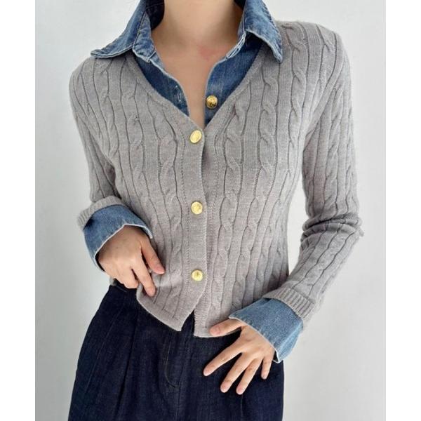 カーディガン デニム襟レイヤード風ケーブルニットカーディガン レディース