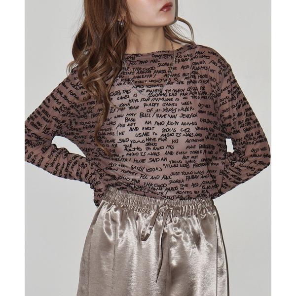 tシャツ フロッキー英字ロゴ柄チュールレース長袖カットソー レディース