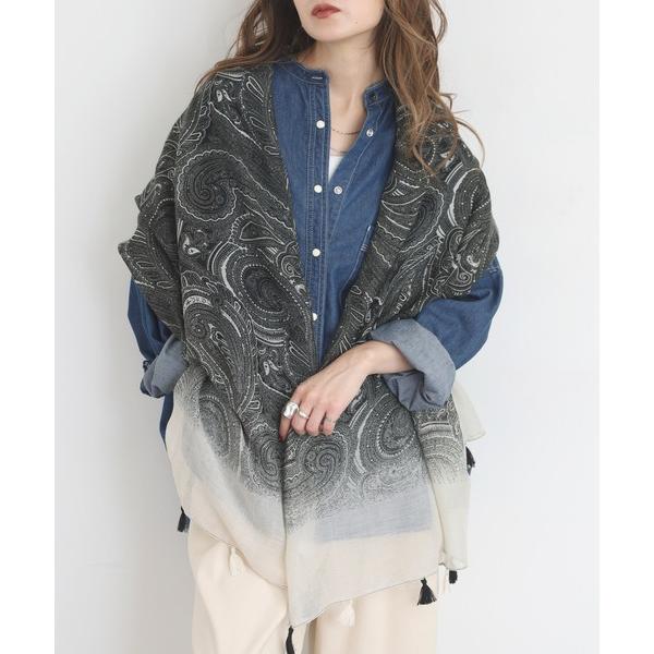 ストール マフラー グラデペイズリー柄大判タッセルストール レディース