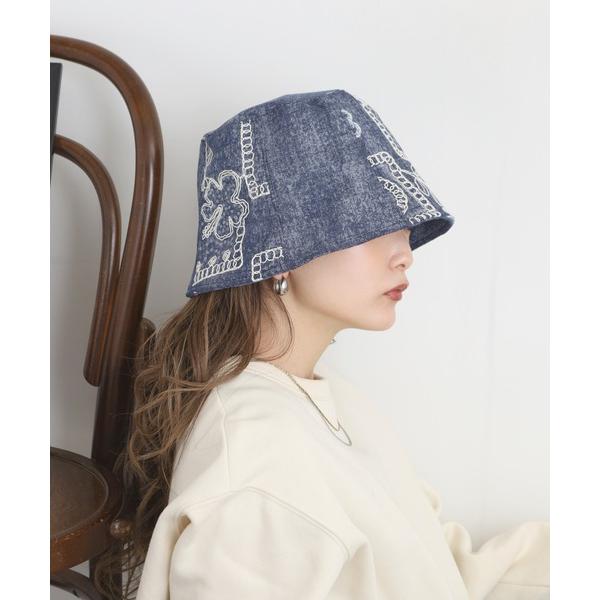 帽子 ハット サイドレース刺繍デニムバケットハット レディース