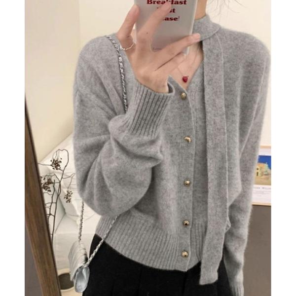 カーディガン リボン タイ Vネック カーディガン レディース