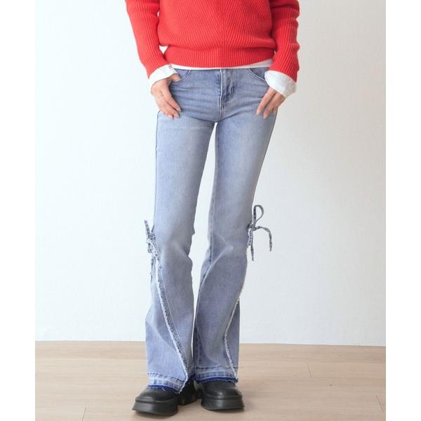 ジーンズ デニム デニムパンツ 脇フリンジ切替リボン付 ストレッチデニム フレアーパンツ レディース