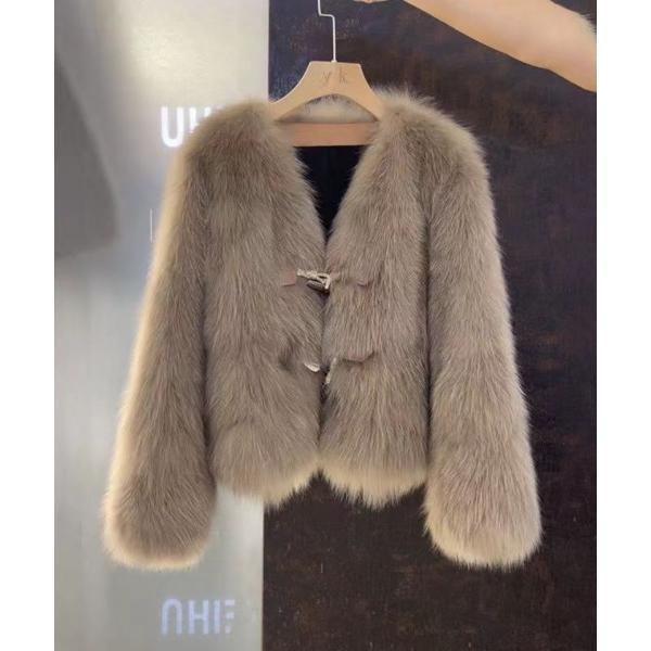 コート アウター トグルボタン フェイクファー ショート丈 ノーカラーコート レディース