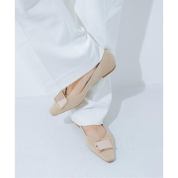 パンプス 「柔らかい・クッション入り」スクエアバックルソフトニットVカットパンプス JA5904