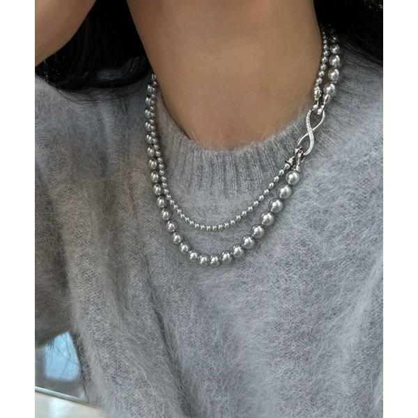 ネックレス 2連パールにビジューのデザインがスタイリッシュでオシャレなパールネックレス/オケージョン...