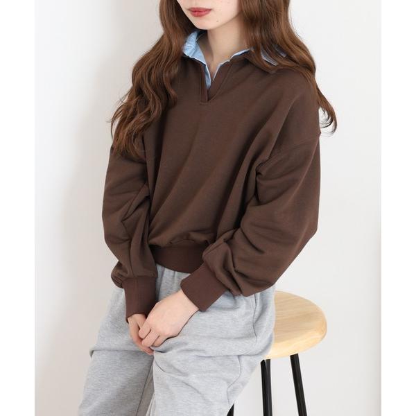 トレーナー スウェット フェイクレイヤードシャツ衿スウェットプルオーバー レディース