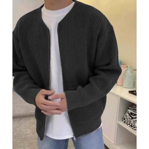 カーディガン 「NOWLE」ボリュームリブ編み ジップアップ ノーカラー カーディガン メンズ