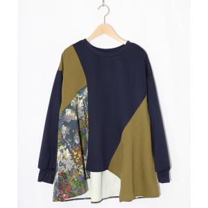 tシャツ 553265：花蝶柄×無地リメイク風 異素材切替プルオーバー レディース