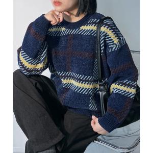 ニット セーターベロアモール ジャガードチェックニットプルオーバー レディース メンズ