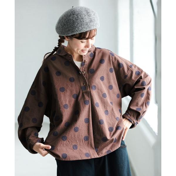 ブラウス シャツ 大人にも馴染むドットの、まるい襟のプルオーバー レディース