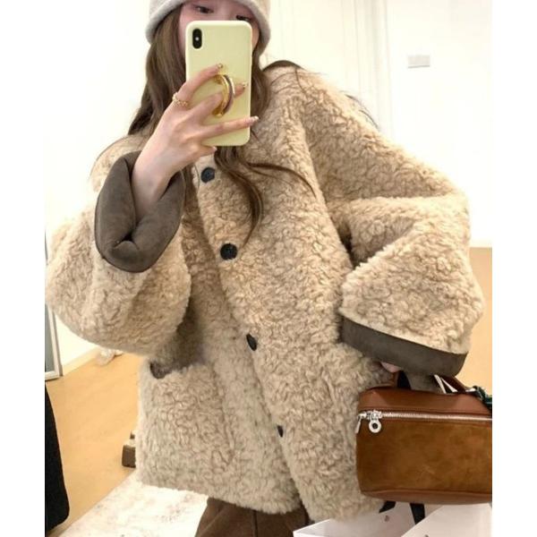 ジャケット ノーカラージャケット ラムファー コート レディース