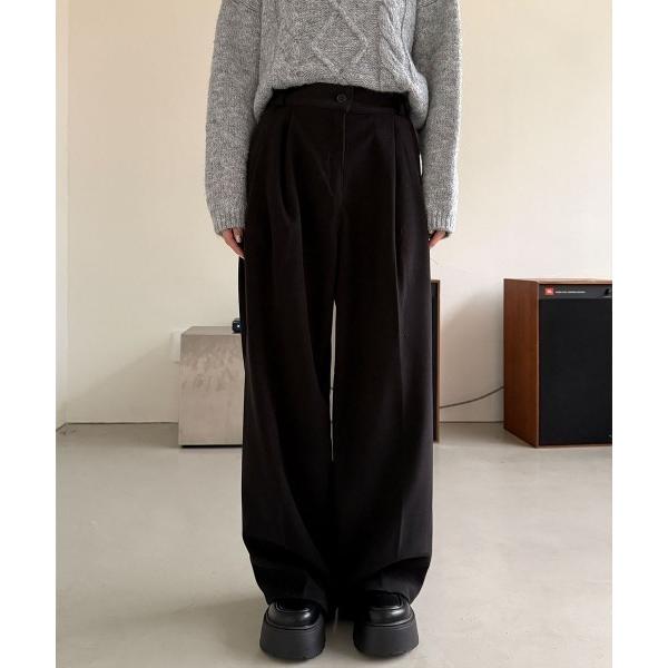 スラックス パンツ ウールライク ピンタック ワイド スラックス レディース