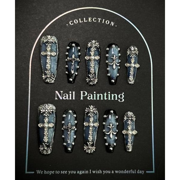 ネイルチップ ネイルシール 「Bz」クロスモチーフネイルチップ ロング バレリーナデザイン 平成ギャ...