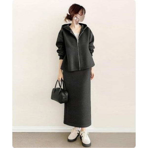 「韓国トレンド」フレアラインフーディージャケット＆スカートセット レディース