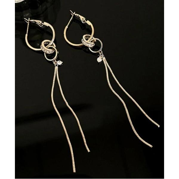 イヤリング 2連リング ロングチェーン イヤリング／ピアス レディース