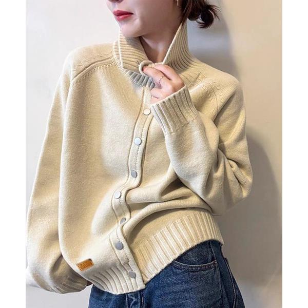 カーディガン ハイネックリブ切り替えニットカーディガン レディース