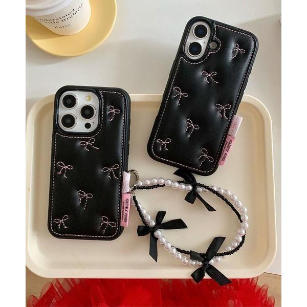 スマホケース チャーム付き リボン / ハート キルティング フェイクレザー iPhone ケース ...