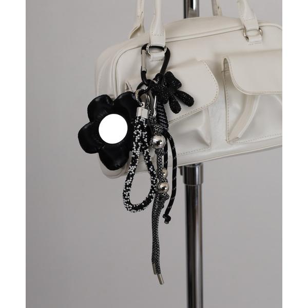 チャーム ミラー付フラワー＆パール付リボンバッグチャーム レディース