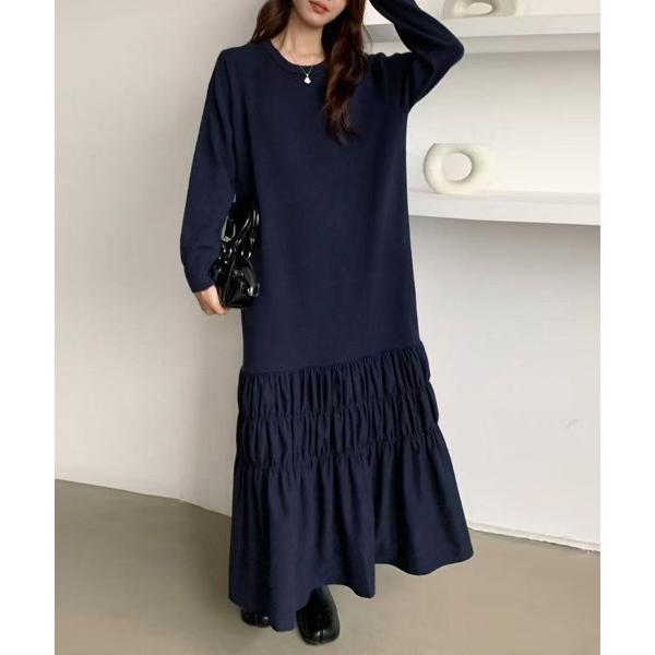 ワンピース リブ袖ティアードワンピース