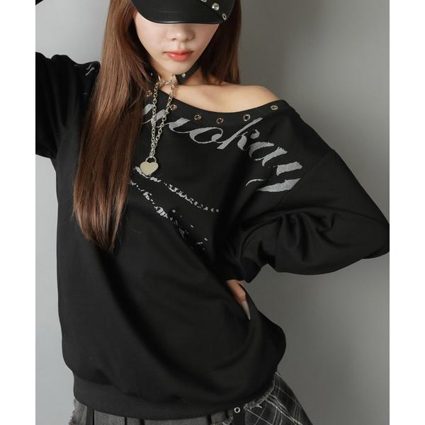 トレーナー スウェット 肌見せで差がつくハトメアクセントが効いたオフショルスウェット レディース