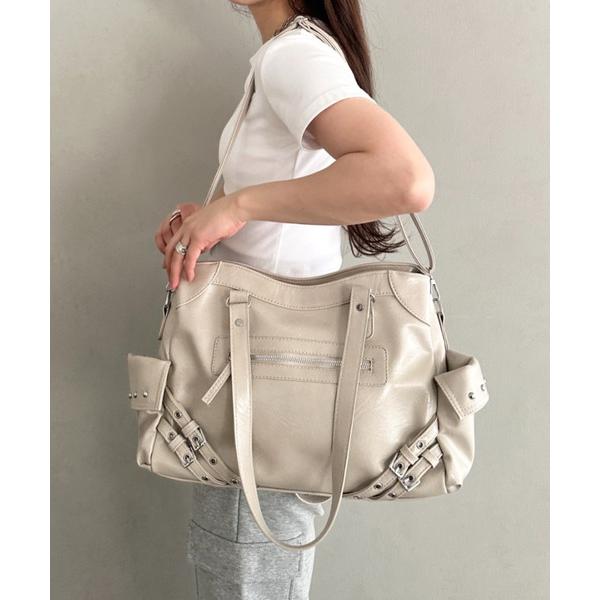 ハンドバッグ ベルトデザインスタッズポケット2WAYショルダーバッグ