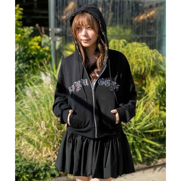 パーカー 「裏地柄フード×キラキラロゴ」ショート丈ジップパーカー レディース