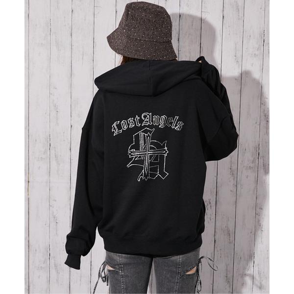 パーカー 「背中クロス×ロゴ×胸ワンポイントロゴ」裏毛ジップパーカー　秋冬 レディース