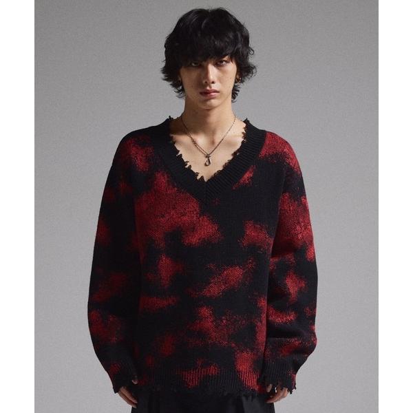 セーター ニット 「GRANCY」Spray Damaged V-neck Wool Knit / ...