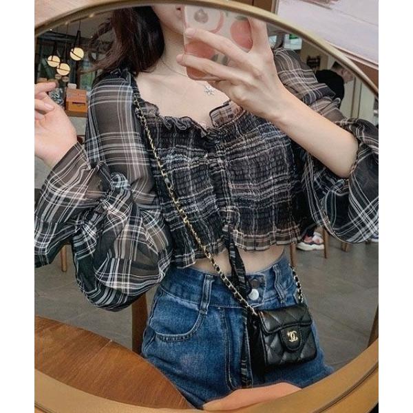 ブラウス シャツ ギャザースクエアネックチェックシアーブラウス レディース