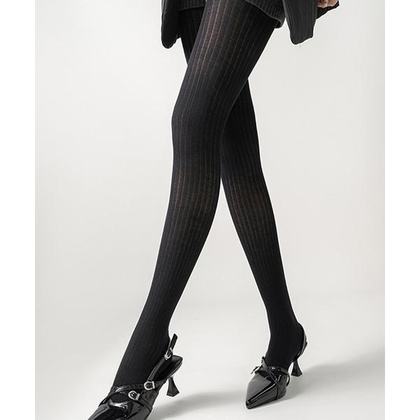タイツ ソリッドカラー リブ ニット タイツ ストッキング レディース