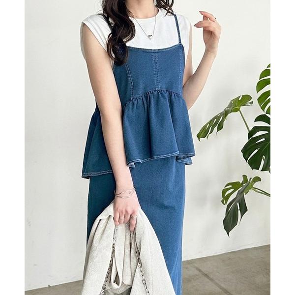 ワンピース 「S-LL展開」楽ちん！細見えデニムペプラムキャミワンピース