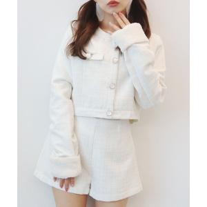 ジャケット ノーカラージャケット ファンシーツイード袖ボア付きジャケット レディース