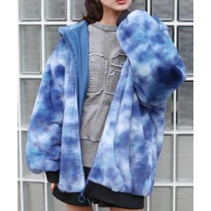 コート アウター タイダイ柄ファーフーディーブルゾン レディース