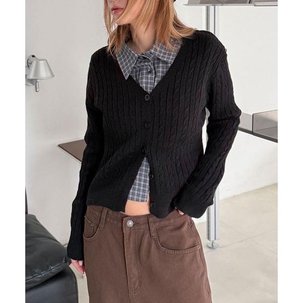 カーディガン 「全8色」Vネック ウール混紡 ケーブルニット カーディガン レディース
