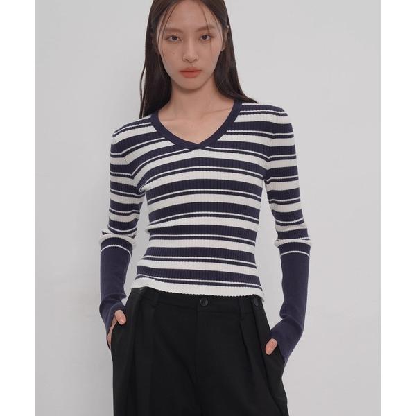 tシャツ Vネックボーダーリブニット EM25a148「EIGHTHMONTH」 レディース