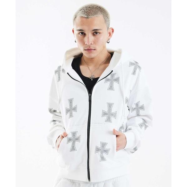 ベスト ジレ ジップフーディ｜White Cross Rhinestone Zip Hoodie｜U...